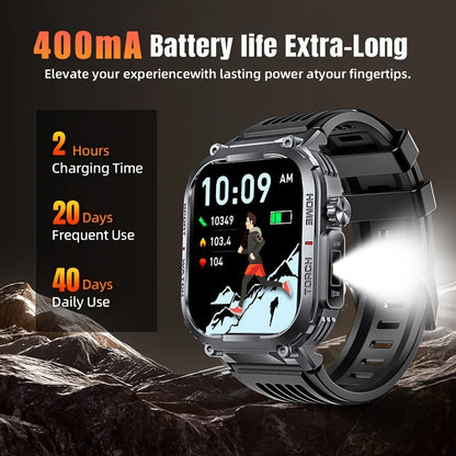 Smart Watch for Men with Call Function, IP68 Waterproof Outdoor Smartwatch 2.02" LED Flashlight, 400mAh Battery, Compass Pedometer Calorie Pressure Monitor Fitness Tracker for iPhone Android