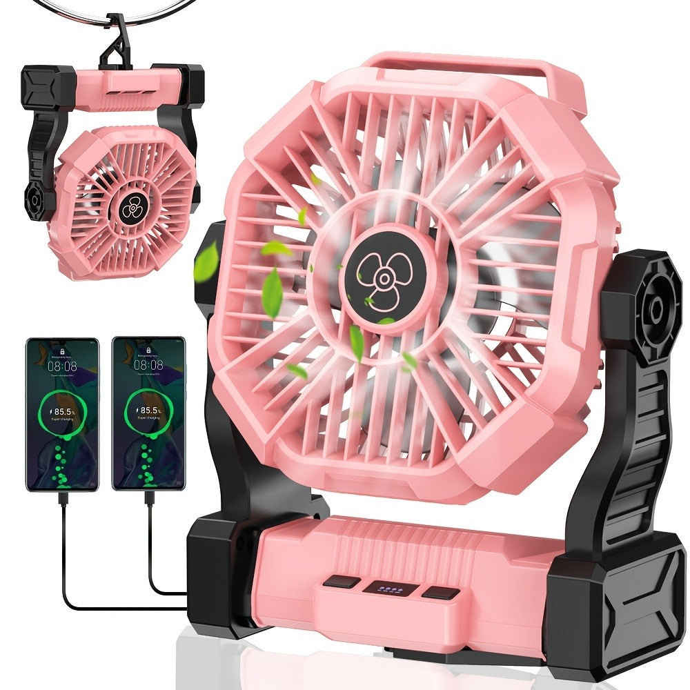 Portable Camping Fan 3-in-1 with LED Lantern & USB Charging – Battery Powered Tent Fan with Timer, 360° Rotation, for Outdoor Camping, Barbecue, Travel & Emergency Use (6 Colors)