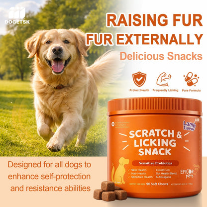 Dog Omega 3 Skin & Coat Chews 90ct – Lamb Flavor Soft Pellets with Probiotics for Itching, Scratching & Licking Relief, Fur Care Supplement for Dogs of All Ages & Breeds