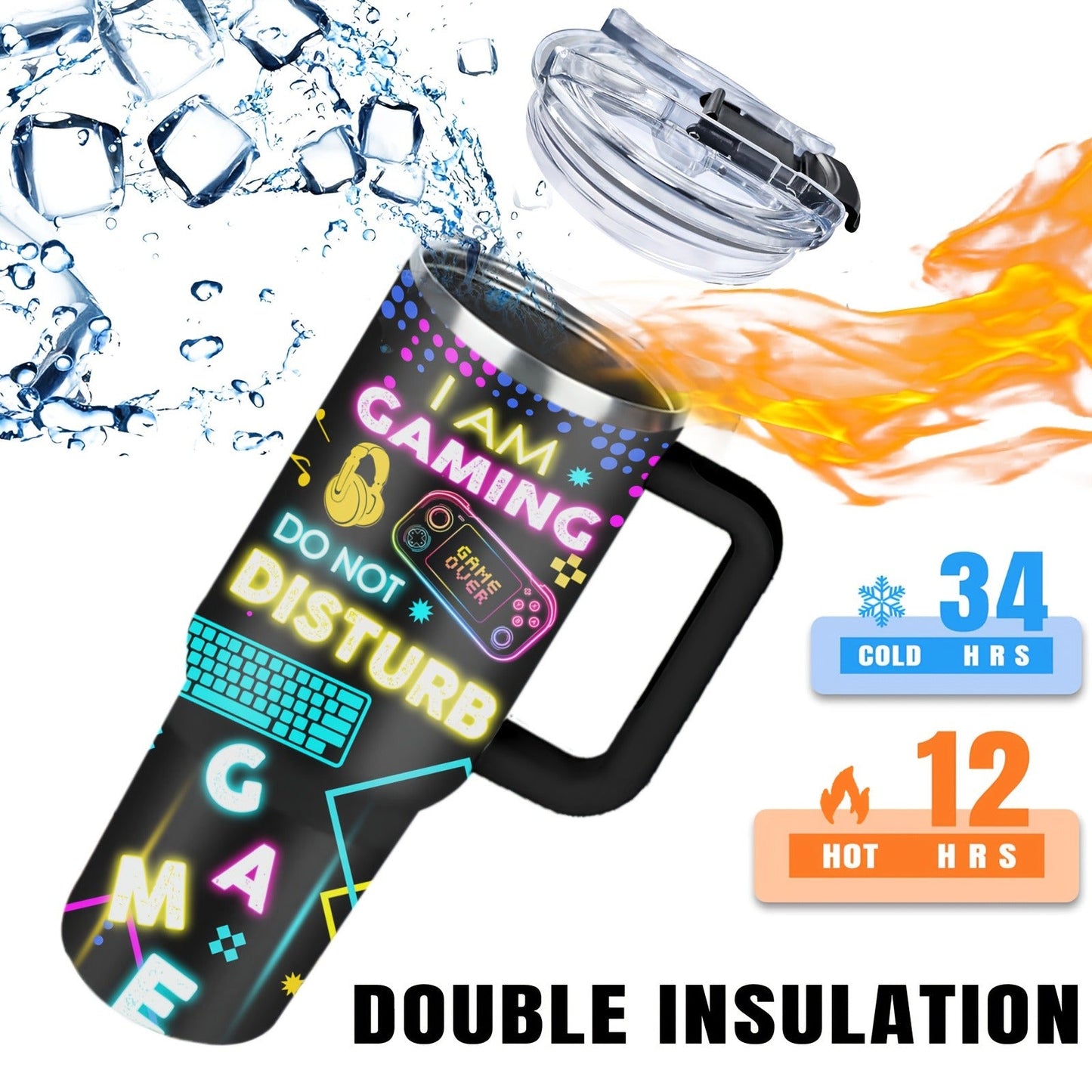 Gamer Tumbler 40oz with Lid & Straw - Insulated Gaming Cup Gift for Men, Boys & Teen Gamers - Double Wall Vacuum Tumbler for Hot & Cold Drinks, Cool Gaming Birthday Gift