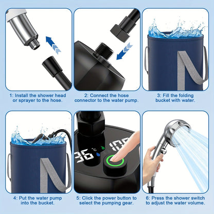 Portable Camping Shower with 9000mAh Battery – Smart Digital Display, Foldable Bucket Included, Compact Lightweight Outdoor Shower Pump for Camping, Hiking, Pet Cleaning, Car Washing & Beach Use