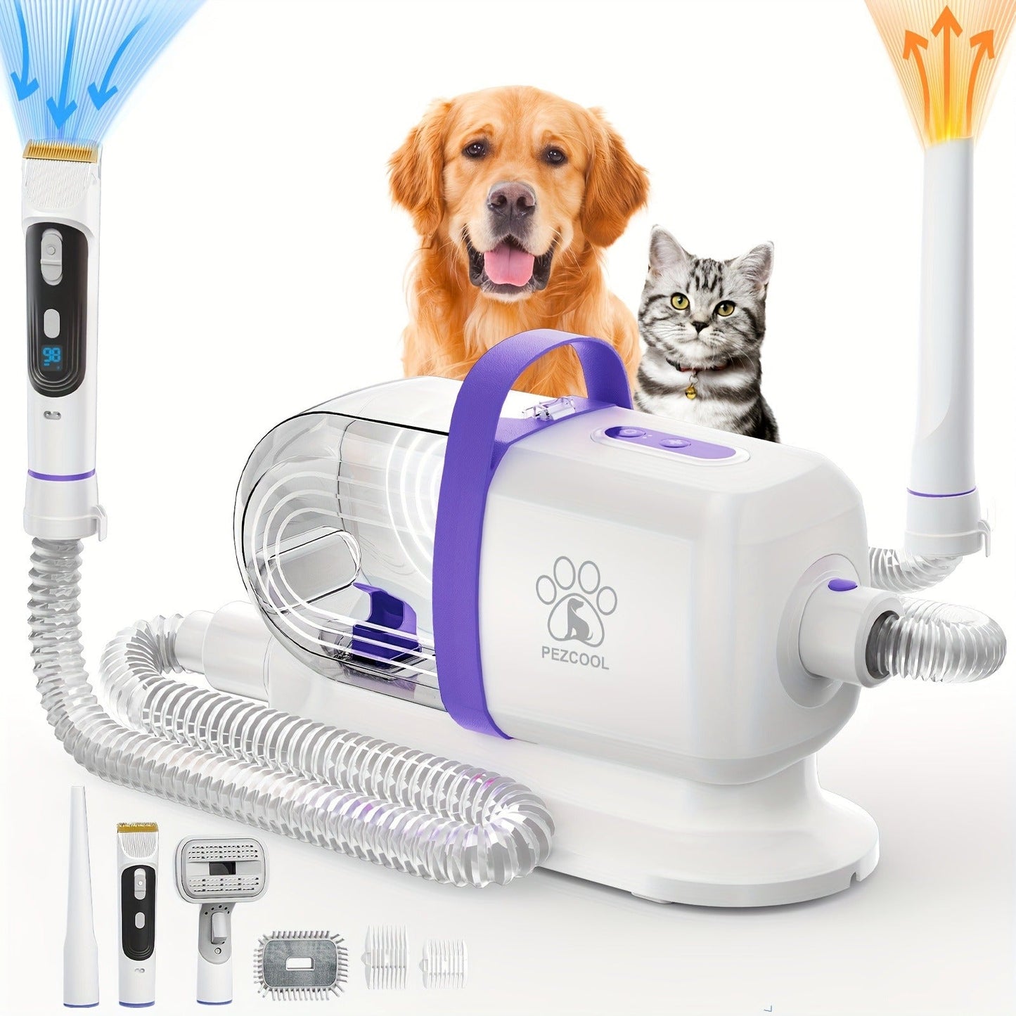 Dog Grooming Vacuum 8-in-1 & 9-in-1 with Dryer Function – 2.2L Large Cup, Low Noise Pet Grooming Vacuum for Shedding, 6 Grooming Tools, Strong Suction Home Dog Grooming Kit (Purple or Orange)