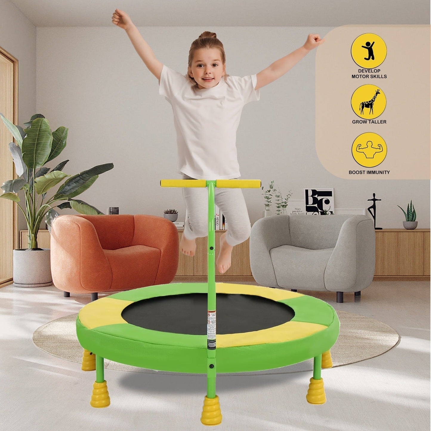 36 Inch Kids Indoor Trampoline with Handle - 7-Leg Safety Design, 2.0mm Steel Frame, 28 Coil Springs, Non-Slip Feet, PP Jump Mat, Compact Mini Toddler Trampoline for Home Bedroom Playroom Exercise