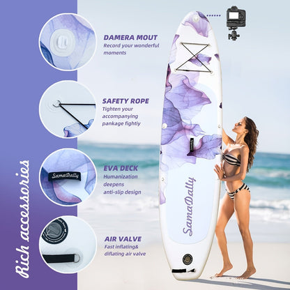 Floral Inflatable SUP Board 10.6ft x 32'' Purple Flower Pattern EVA Non-Slip Deck with Hand Pump Waterproof Bag Removable Fin Leash for All Skill Levels