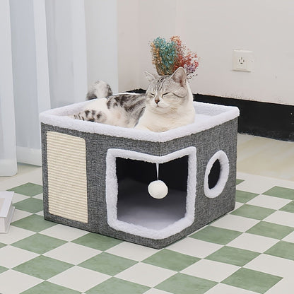 Multi-Tier Cat House & Indoor Cat Cube Bed - Foldable 2-Level Cat Tree with Scratching Post, Toy Tunnel & Plush Hanging Ball, Space-Saving Nylon Canvas Cat Furniture 16.5x16.5x13in for Small Spaces