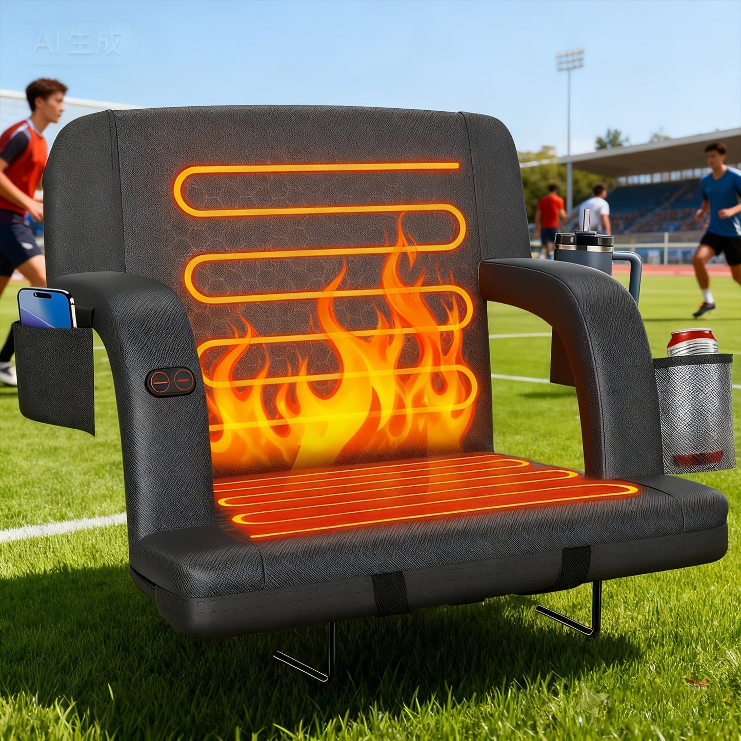 Heated Stadium Seat with Back Support for Bleachers 6 Reclining Positions 3 Heat Levels Dual-Zone USB Heated Bleacher Chair with 5 Storage Pockets Adjustable Armrests Portable Backpack Strap for Sports Games Concerts Outdoor Events