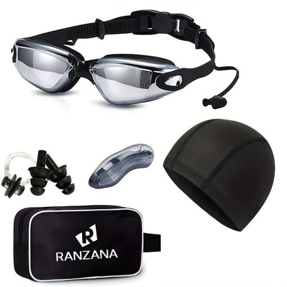 Swimming Goggles 6pcs Set with Cap Nose Clip Earplugs & Storage Bag – UV Protection Anti-Fog Adult Racing Swim Goggles Bundle, Silver-Coated Black Lens, Waterproof PU Swim Cap Included