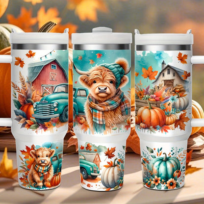 Stainless Steel Insulated Tumbler With Lid and Straw, 40oz & 16oz Highland Cow Thanksgiving Water Bottle With Handle, Keeps Cold 24 Hours Hot 12 Hours, Portable Travel Cup for Car Home Office Birthday Gift