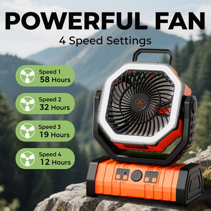 Camping Fan with LED Light 20000mAh Battery – 4-Level Brightness, Multi-Speed Rotatable Portable Tent Fan for Camping, Outdoor, Office & Home, Cooling & Lighting Combined
