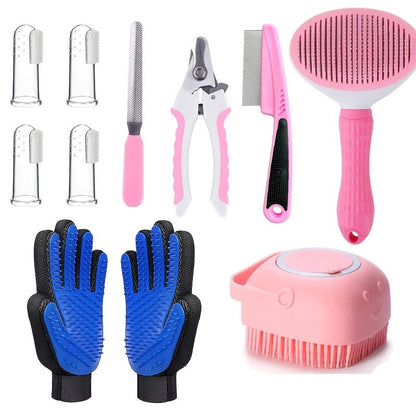 Cat & Dog Grooming Set 9-in-1 & 11-in-1 – Self-Cleaning Slicker Brush, Nail Clippers & File, Flea Comb, Shampoo Brush, Finger Toothbrush & Storage Bag, No Battery, Pink or Blue