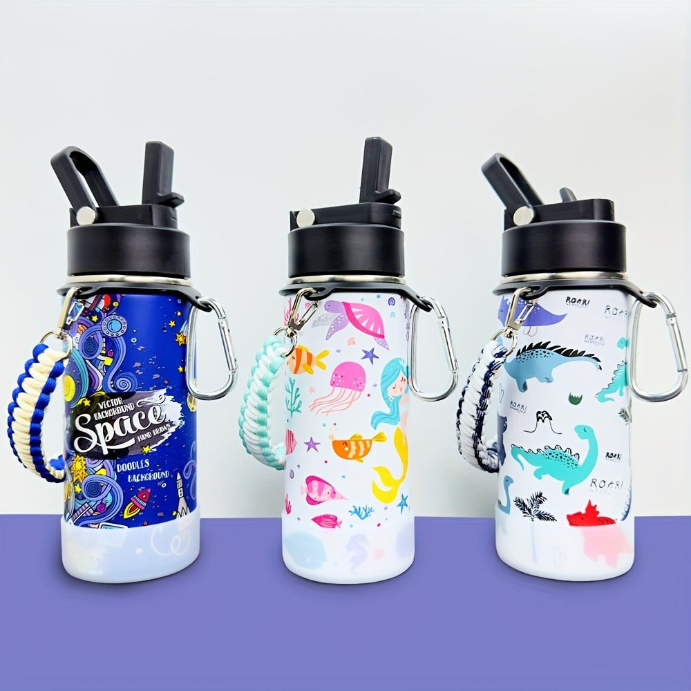 Kids Insulated Water Bottle 16oz with 3D Print Design - Stainless Steel Vacuum Flask, Leak-Proof BPA-Free, One-Hand Lid, Woven Strap & Carabiner, Perfect Student Gift for Boys & Girls, 8 Fun Styles