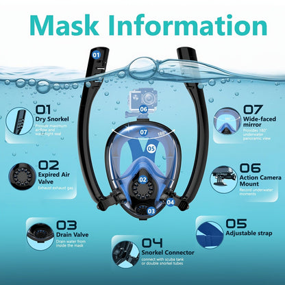 Mini Scuba Tank & Full Face Snorkel Mask Set with Hand Pump - 0.5L 6061 Aluminum Diving Tank, 180° Wide View Anti-Fog Mask, 200 Bar Capacity, 35 Breaths Underwater, for Snorkeling Exploration Diving Beginners