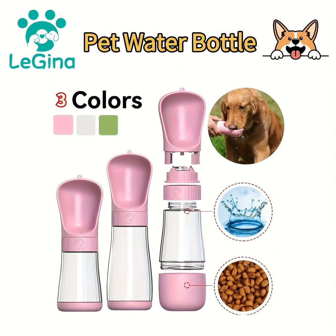 Portable Dog Water Bottle with Food Storage - Leakproof 2-in-1 Pet Travel Bottle for Hiking, Walking & Outdoor Activities, Water Only or Water + Grain Combo, Green / Pink / White