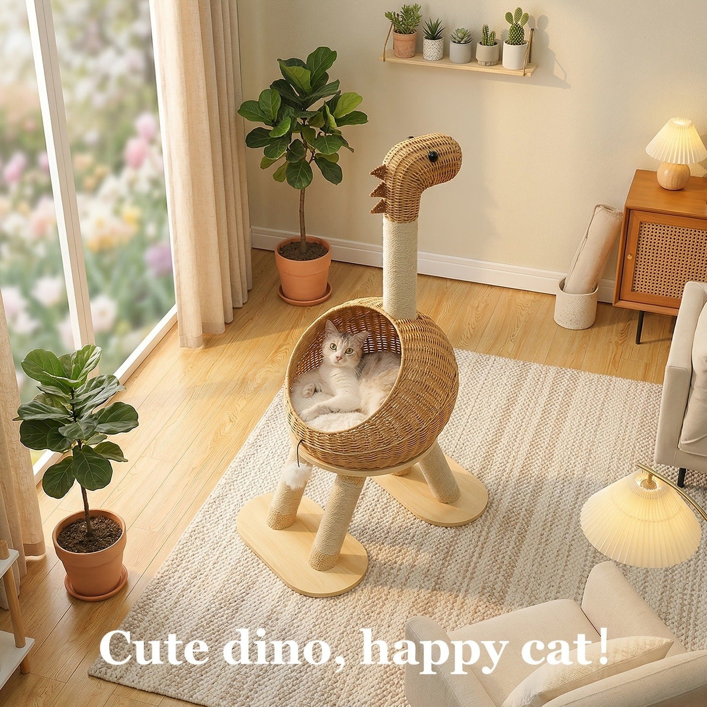 Dinosaur Cat Tree Tower 46 Inch – Large Rattan Cat House with 4 Sisal Scratching Posts, Wicker Bed & Removable Mat, Multi-Level Platform for Large Indoor Cats, Maine Coon Friendly, Brown