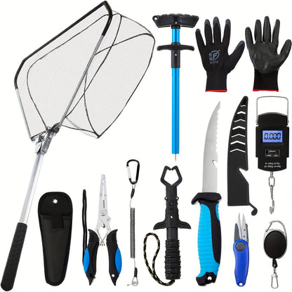 Fishing Tool Kit 10-Piece – Fishing Pliers with Lanyard & Sheath, Landing Net, Fillet Knife, Fish Scale, Gripper, Hook Remover, Braid Scissors & Gloves, Complete Angler Gift Set (Blue)