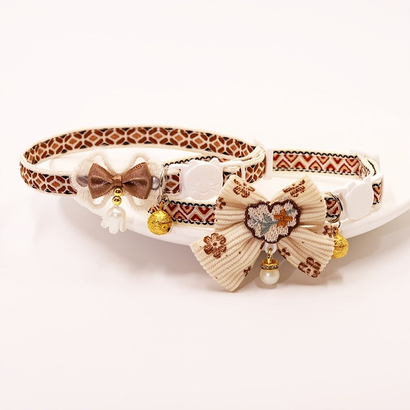Cat Collar Set 6 Pack Decorative with Bow Lace Bells & Hanging Beads, Safety Breakaway Buckle Anti-Choke Cat Necklace Collar, Stylish Pet Collar Gift Set for Cats & Small Dogs