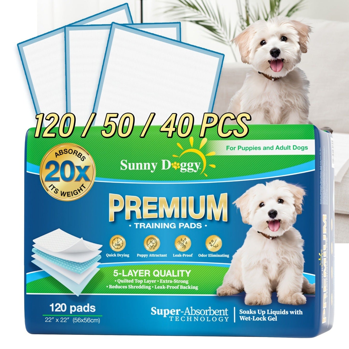 Dog Training Pads for Puppies Large - Disposable Pee Pads with Odor Control, Leak-Proof & Super Absorbent - Puppy Potty Pads for Housebreaking, 40/50/120 Count