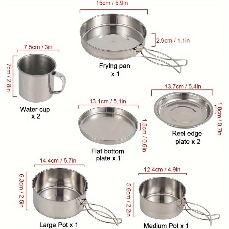 Stainless Steel Camping Cookware Set 8 Piece with Pots Pans Plates Cups and Handles - Lightweight Outdoor Cooking Kit for Camping Hiking Backpacking Open Fire Camp Kitchen Gear