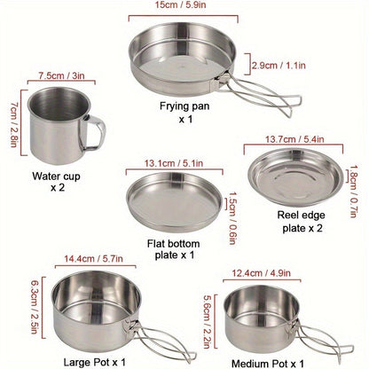 Stainless Steel Camping Cookware Set 8 Piece with Pots Pans Plates Cups and Handles - Lightweight Outdoor Cooking Kit for Camping Hiking Backpacking Open Fire Camp Kitchen Gear