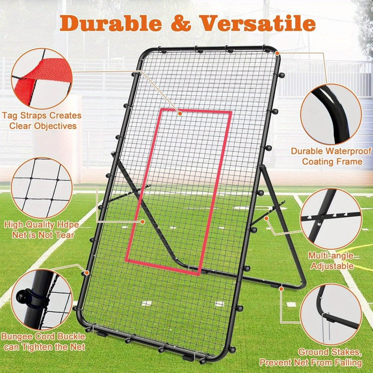 Volleyball Rebounder Net 7x4ft Adjustable Angle – Portable Steel Frame Training Rebounder with High-Tension PE Netting & 24 Elastic Cords for Volleying Bumping Spiking Practice – Solo & Team Drills