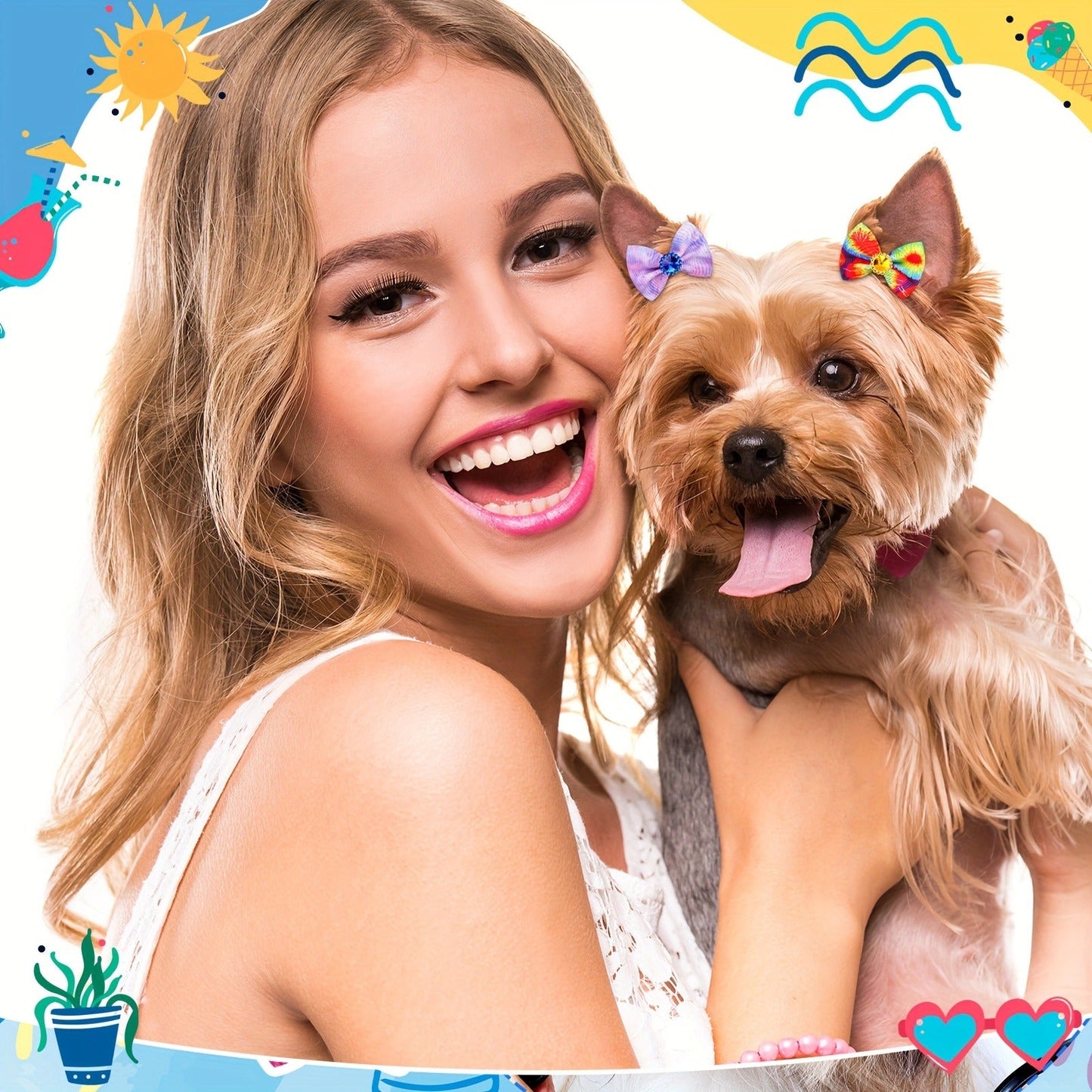 Dog Hair Bows 100 Pack Tie Dye Rhinestone Puppy Grooming Accessories with Rubber Bands – Colorful Spring Dog Topknot Bows for Small Dogs, Cats & Grooming Salons, Bulk Hair Bow Set