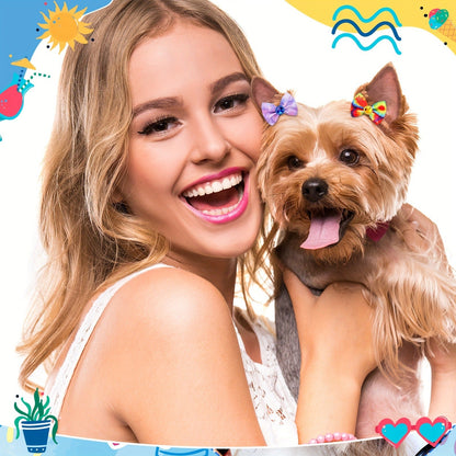 Dog Hair Bows 100 Pack Tie Dye Rhinestone Puppy Grooming Accessories with Rubber Bands – Colorful Spring Dog Topknot Bows for Small Dogs, Cats & Grooming Salons, Bulk Hair Bow Set