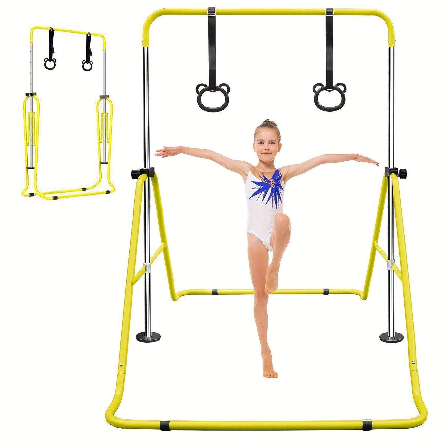 Adjustable Gymnastics Pull-Up Bar for Kids & Teenagers – Height Adjustable Horizontal Bar for Indoor Outdoor Home Use, Strength Training & Fitness Exercise Equipment, Green & Yellow