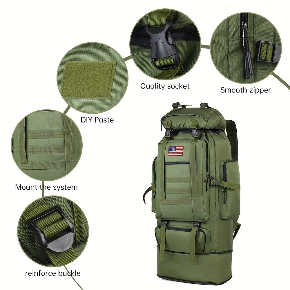 Tactical Backpack 100L Large Capacity Hiking Backpack Multiple Compartments Heavy Duty Ergonomic Straps for Camping Travel Trekking Backpacking Outdoor Adventures Jungle Green Black Army Green Gray Desert