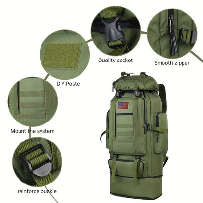 Tactical Backpack 100L Large Capacity Hiking Backpack Multiple Compartments Heavy Duty Ergonomic Straps for Camping Travel Trekking Backpacking Outdoor Adventures Jungle Green Black Army Green Gray Desert