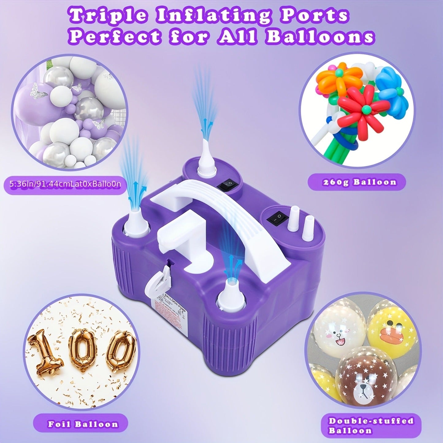 Electric Balloon Pump 3-in-1 Triple Inflating Ports | Fast Air Inflator Deflator for Latex Foil 260Q Balloons Swimming Rings Air Mattress | Portable Electric Balloon Inflator Purple Green