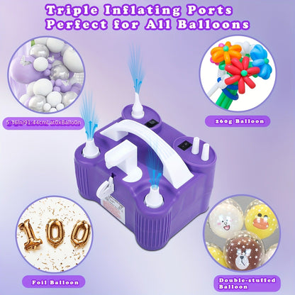 Electric Balloon Pump 3-in-1 Triple Inflating Ports | Fast Air Inflator Deflator for Latex Foil 260Q Balloons Swimming Rings Air Mattress | Portable Electric Balloon Inflator Purple Green
