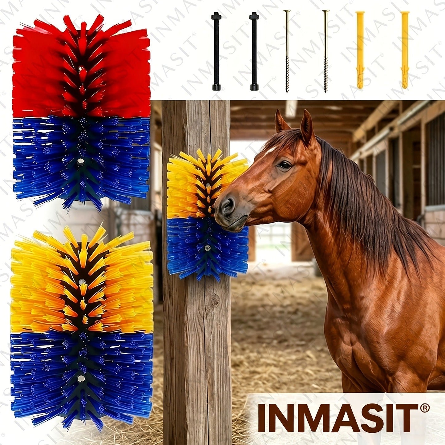 Livestock Grooming Brush Scratcher 8.7" – All-in-One Massage & Itch Relief Tool for Horse, Cow, Goat & Pig | Easy Install with 4 Screws, Battery-Free Stress Reduction, Red/Blue & Yellow/Blue