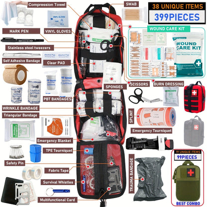 First Aid Kit 399pcs / 99pcs Professional Portable Survival Gear with Splints Scissors Tweezers for Hiking Camping Hunting Car Travel Emergency