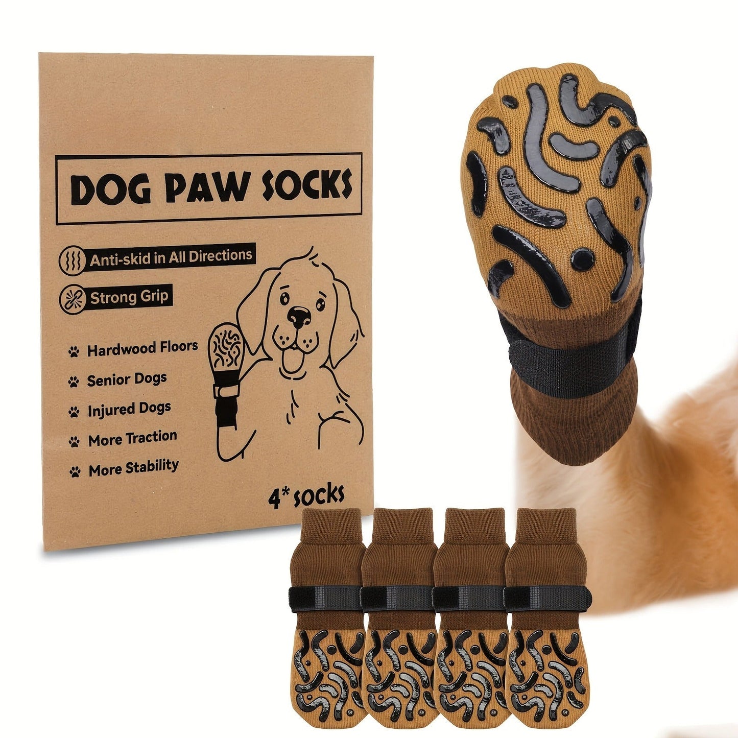 Non-Slip Dog Socks Double-Sided Grip Paw Protector with Adjustable Straps – Anti-Lick Dog Booties for Hardwood Floors, Senior Dogs & Injury Recovery, Sizes XS to L, Set of 4