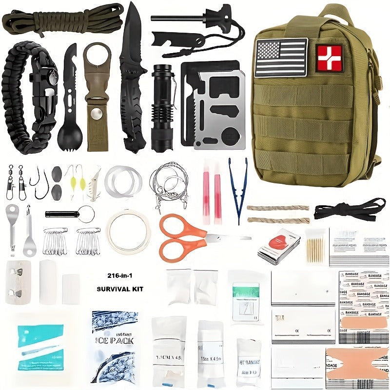 217 Piece Survival Kit with First Aid Kit & Molle Storage Bag - Emergency Gear Set for Camping, Hiking, Outdoor Adventure, Home & Office, Perfect Gift for Men, Dad, Husband, Son - Orange Green Khaki Black Red Camouflage