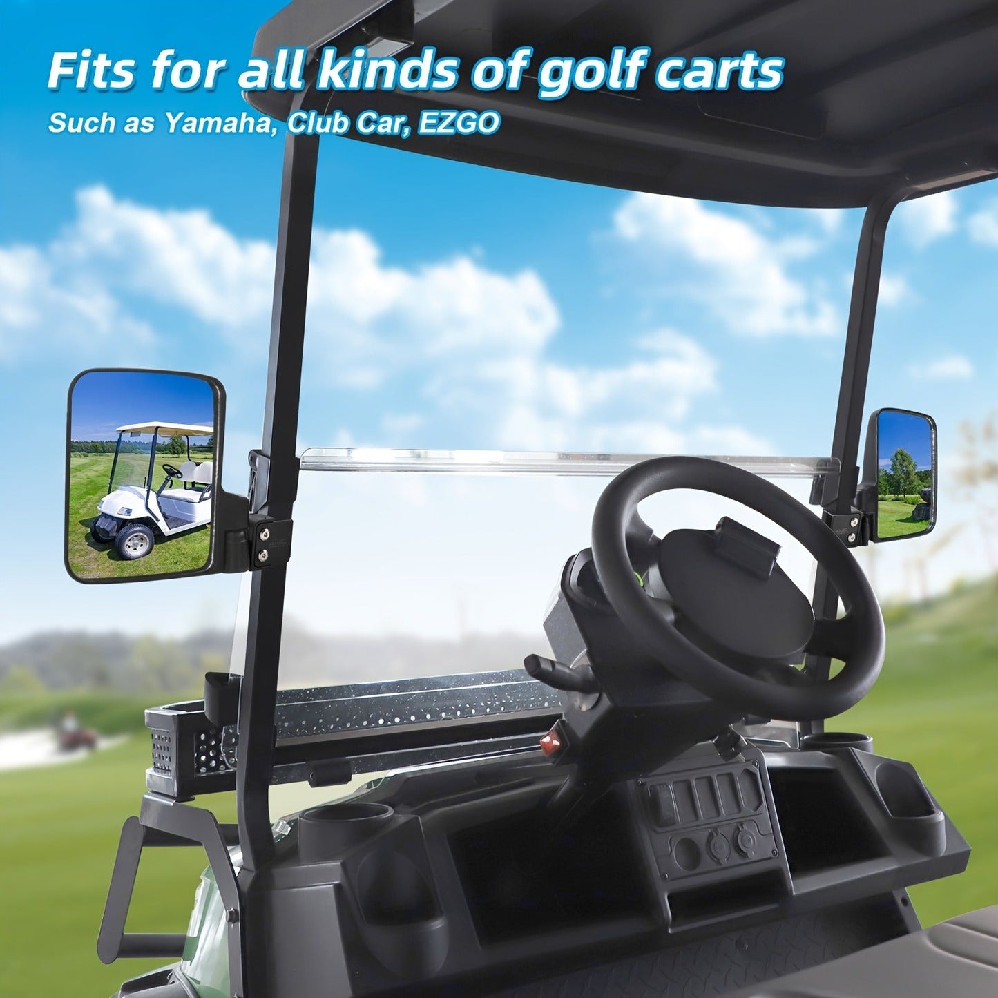 Golf Cart Mirror Set Convex Wide Angle Rotatable Side & Panoramic Rear View Mirrors – Fits Yamaha, EZGO, Club Car & Most Golf Carts, 0.75"-1.25" Square Frame, Real Glass, ABS Housing, Easy Install