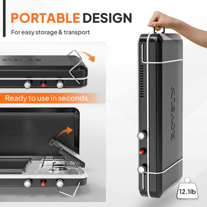 Camping Stove with Oven 2-in-1 – Portable Propane Double Burner 16,000 BTU & Outdoor Oven Combo with Auto-Ignition & Thermometer | Camping, Backyard & Picnic Cooking