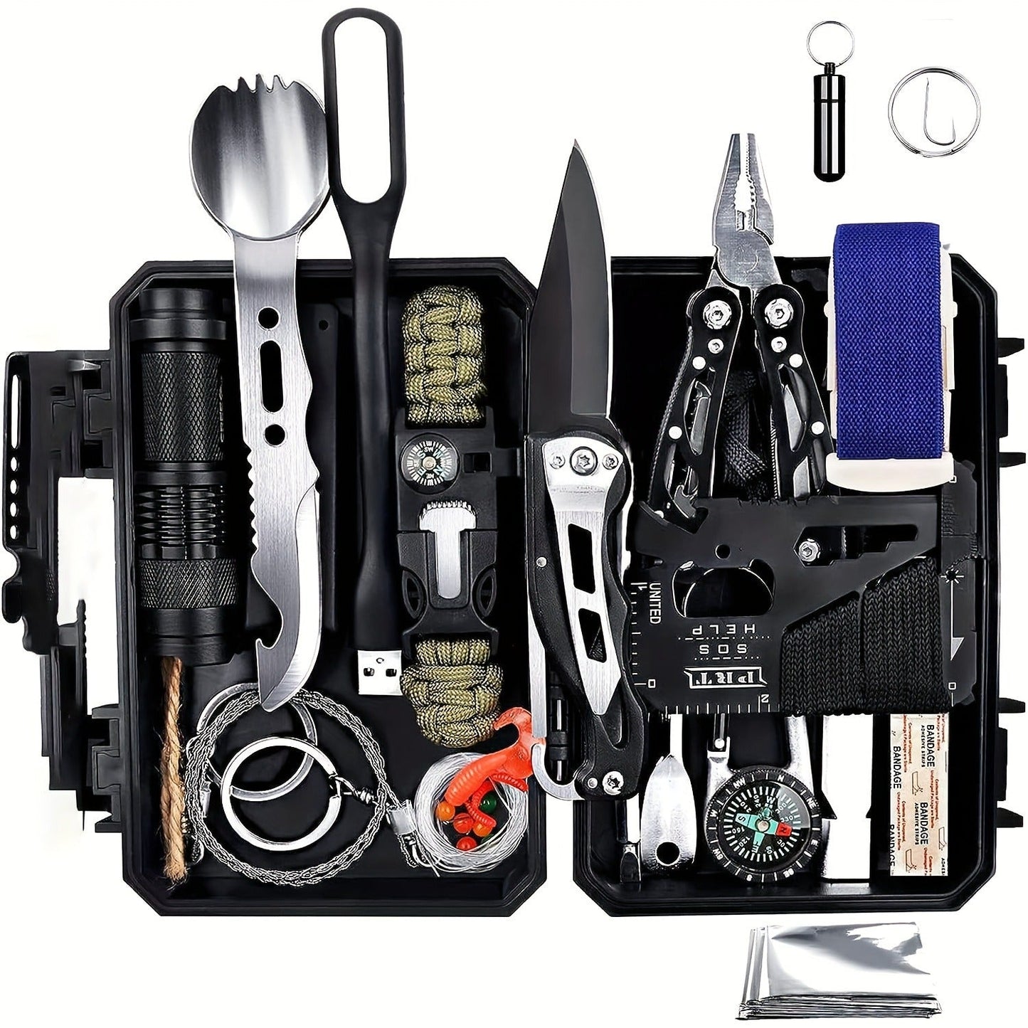 Wilderness Survival Kit, 12/20/60 Piece Outdoor Emergency Gear Set with Paracord Bracelet, Survival Whistle, Flashlight, Wire Saw & More – Ideal for Hunting, Hiking, Fishing & Camping