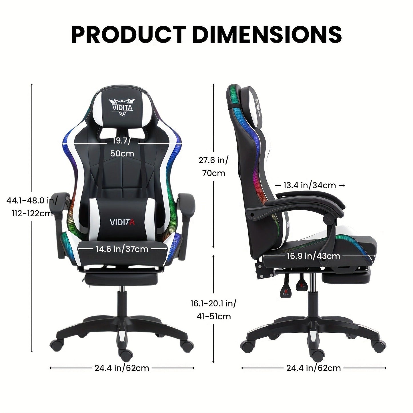RGB Gaming Chair with LED Lights Footrest Ergonomic Gaming Chair with Massage Lumbar Support Reclining Video Game Chair for Adults Home Office Computer Chair with USB RGB Lighting