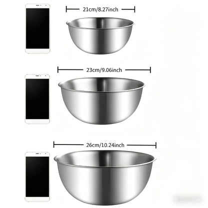 Stainless Steel Mixing Bowls Set of 3 – Nesting Kitchen Bowls for Cooking, Baking, Salad Prep & Food Storage | Dishwasher Safe, Durable Metal Bowls