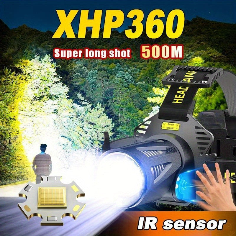 XHP360 Rechargeable Headlamp 3 Modes Sensor 90° Tilt Power Bank Type-C 3x18650 Zoomable Head Torch for Fishing Camping Hiking