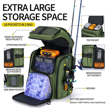 Fishing Backpack with Rod Holder 45L – Large Capacity Outdoor Tackle Bag, Waterproof Travel Shoulder Pack for Fishing Camping Hiking, Multi-Pocket Lure Storage Rucksack with Zipper Closure