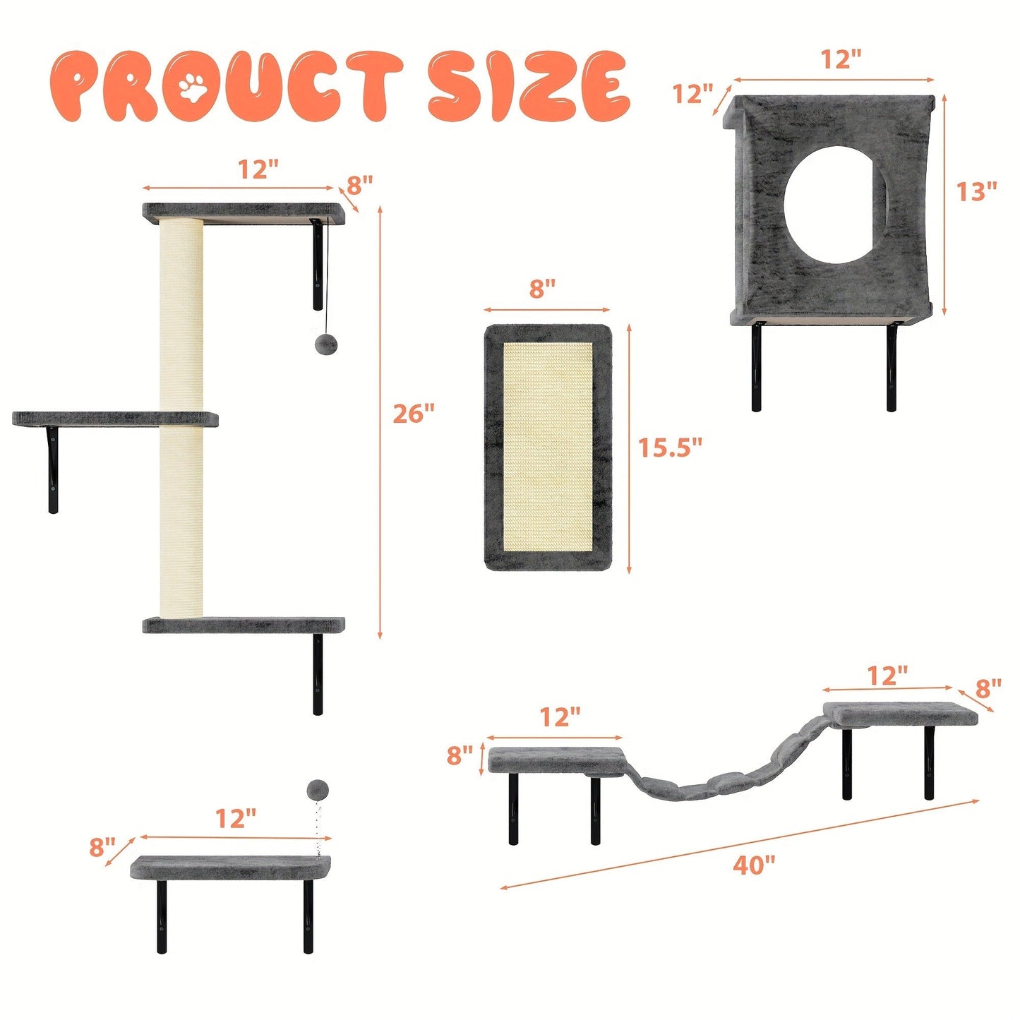 Cat Wall Shelves 5-Piece Set - Wall-Mounted Cat Furniture with Floating Perch, Cat Climber, Bridge & Cat Bed, Modern Cat Tree Alternative for Indoor Cats, Black / Grey / Beige