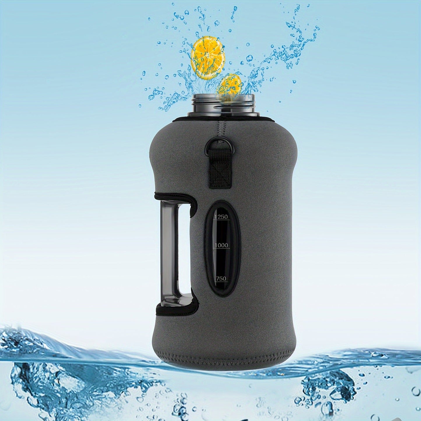 Half Gallon Water Bottle 74oz with Insulated Sleeve, Straw & Time Marker – BPA Free Leakproof Large Sports Jug with Carrying Handle & Strap for Gym, Fitness & Outdoor