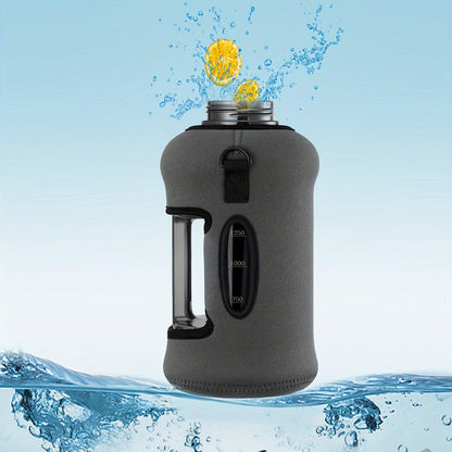 Half Gallon Water Bottle 74oz with Insulated Sleeve, Straw & Time Marker – BPA Free Leakproof Large Sports Jug with Carrying Handle & Strap for Gym, Fitness & Outdoor