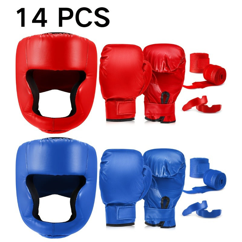 Boxing Kit Set 14pcs – 2 Pairs 16oz Boxing Gloves, Headgear, Hand Wraps & Mouthguards for Adults & Youth Beginners – Complete Boxing Training Equipment for Men Women Teens