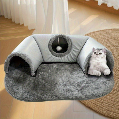 Cat Tunnel Bed 3-in-1 Play Mat & Warm Nest with Non-Slip Base, Durable Chew-Resistant Polyester Cat Bed for Indoor Cats, Soft Gray White Design, S & M Sizes for Cats Rabbits Hamsters