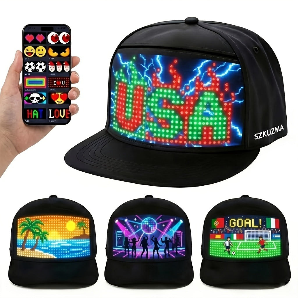 Programmable LED Hat with APP Control – Custom Text, Animation & Graffiti Display, USB Rechargeable, Adjustable Fit for Men & Women, Glowing Light-Up Cap for Party, Festival, Wedding & Carnival