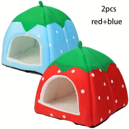 Small Animal Hideaway Bed 2pcs – Strawberry Plush Hideout for Guinea Pigs, Hamsters & Rabbits, Semi-Enclosed Warm Nest with Leaf Design, Washable, Multiple Color Options