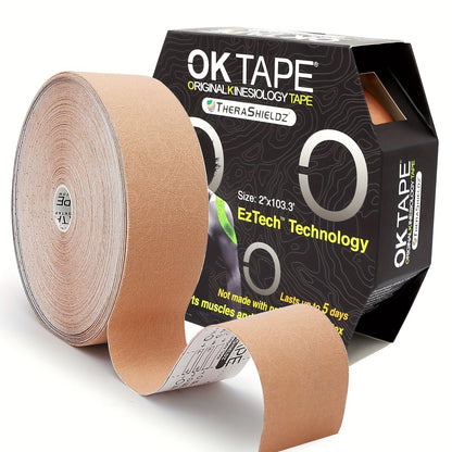 Bulk Kinesiology Tape Roll 2 Inch x 103 Feet Beige - Elastic Latex Free Athletic Therapeutic Tape for Sports, Muscle Support, Injury Recovery, Pre-Cut Printed, Long-Lasting Adhesive Kinesio Tape